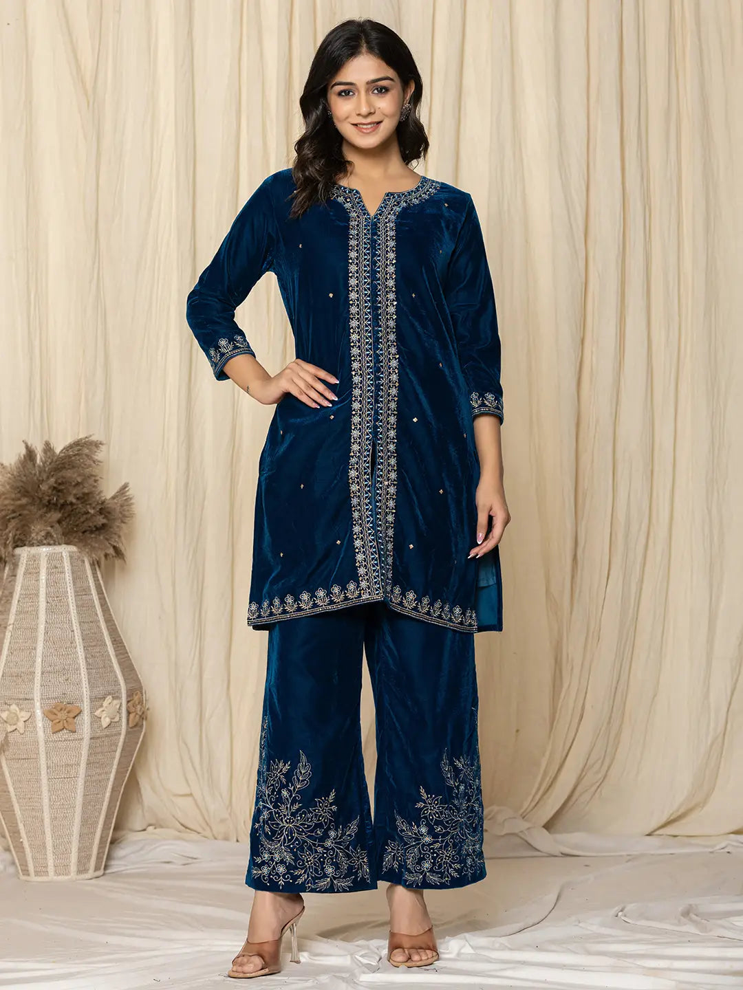 Bue Zari_Work Velvet Co-Ord Set-Yufta Store-6928CRDBLS