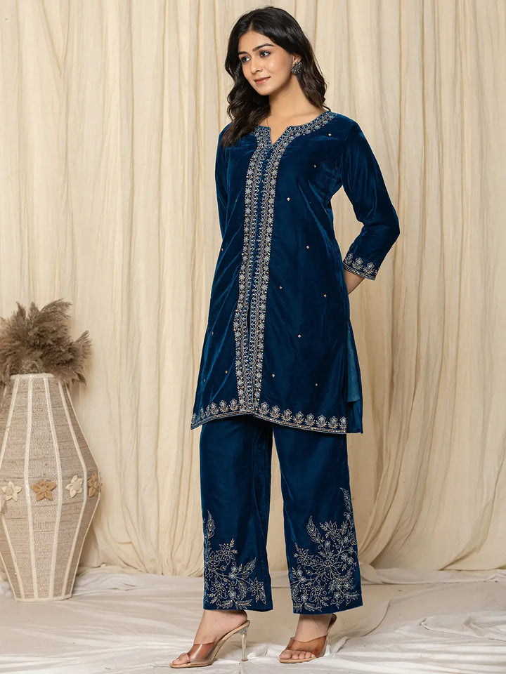 Bue Zari_Work Velvet Co-Ord Set-Yufta Store-6928CRDBLS