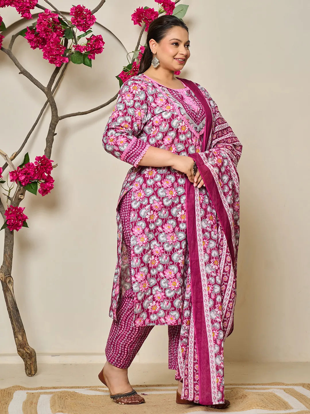 Burgundy And Grey Cotton Floral Print Lace Work Plus Size Kurta Pants Dupatta Set-Yufta Store-6432PSKDBUG3XL