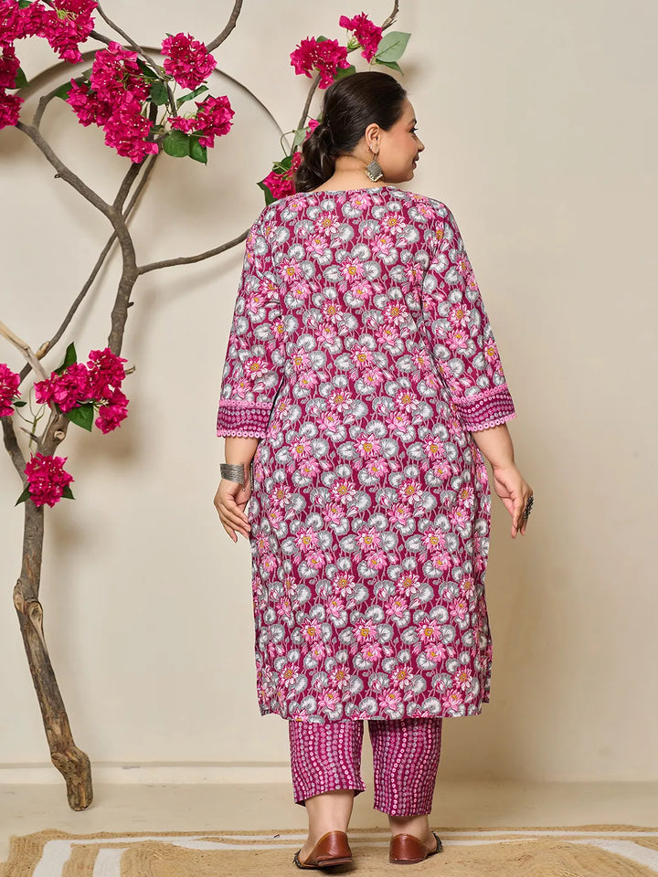 Burgundy And Grey Cotton Floral Print Lace Work Plus Size Kurta Pants Dupatta Set-Yufta Store-6432PSKDBUG3XL