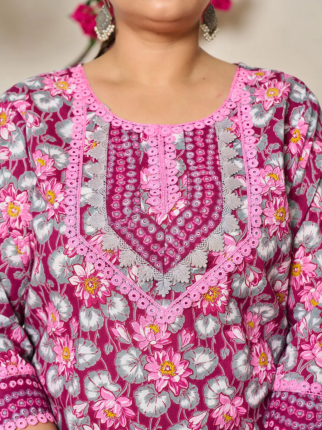 Burgundy And Grey Cotton Floral Print Lace Work Plus Size Kurta Pants Dupatta Set-Yufta Store-6432PSKDBUG3XL