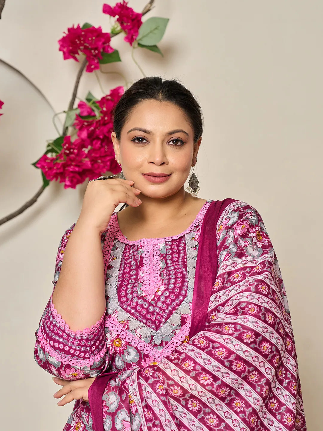 Burgundy And Grey Cotton Floral Print Lace Work Plus Size Kurta Pants Dupatta Set-Yufta Store-6432PSKDBUG3XL