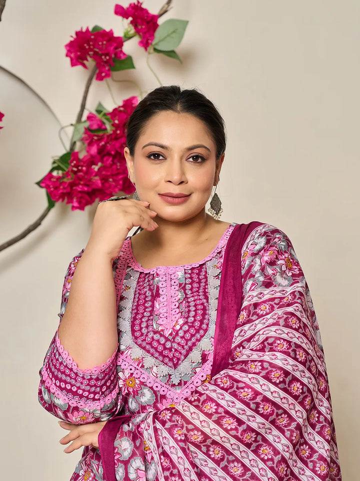 Burgundy And Grey Cotton Floral Print Lace Work Plus Size Kurta Pants Dupatta Set-Yufta Store-6432PSKDBUG3XL