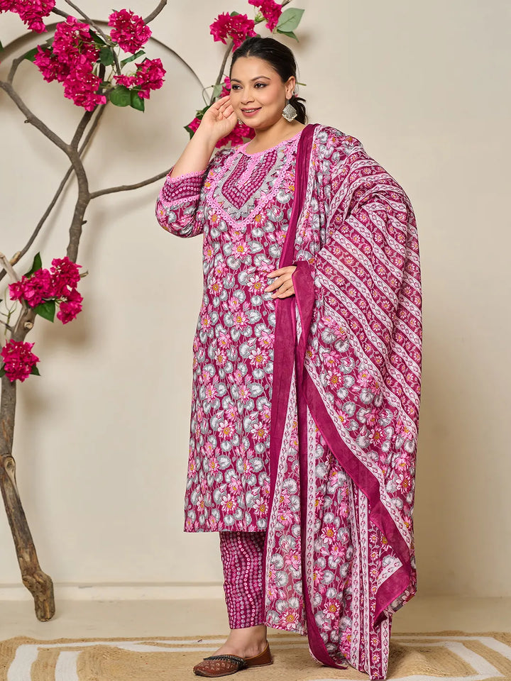 Burgundy And Grey Cotton Floral Print Lace Work Plus Size Kurta Pants Dupatta Set-Yufta Store-6432PSKDBUG3XL