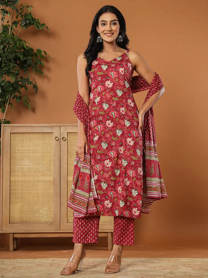 Burgundy Cotton Sleeveless Kurta Dupatta Set-Yufta Store-7213SKDBUGS