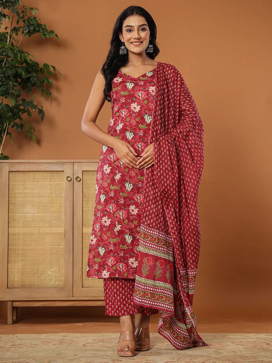 Burgundy Cotton Sleeveless Kurta Dupatta Set-Yufta Store-7213SKDBUGS