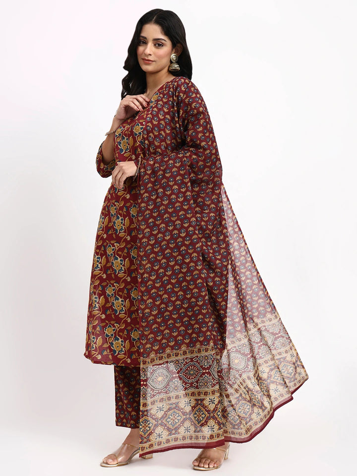 Burgundy Cotton Straight Kurta Pant Dupatta Set