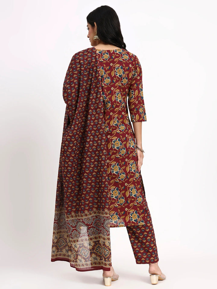 Burgundy Cotton Straight Kurta Pant Dupatta Set