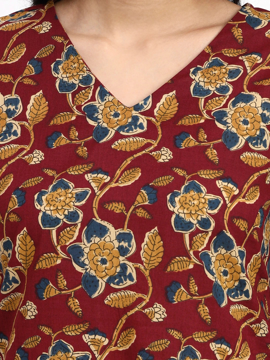 Burgundy Cotton Straight Kurta Pant Dupatta Set