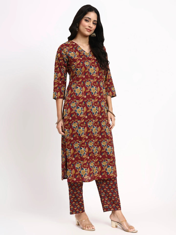 Burgundy Cotton Straight Kurta Pant Dupatta Set