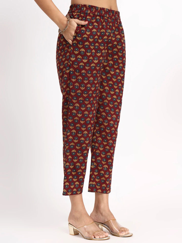 Burgundy Cotton Straight Kurta Pant Dupatta Set