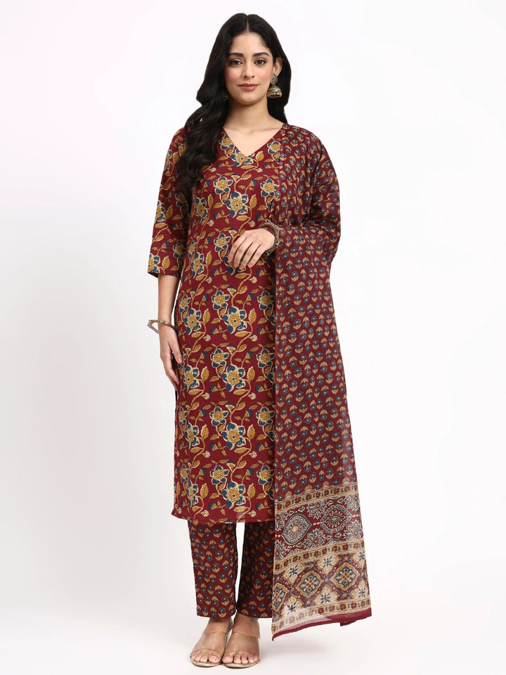 Burgundy Cotton Straight Kurta Pant Dupatta Set
