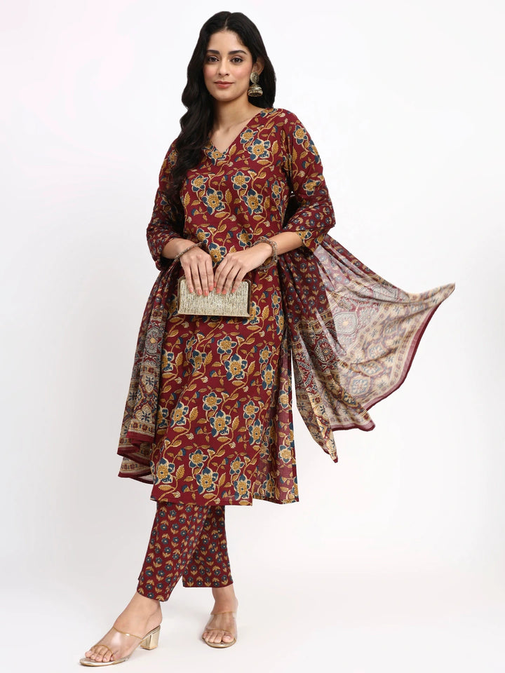 Burgundy Cotton Straight Kurta Pant Dupatta Set