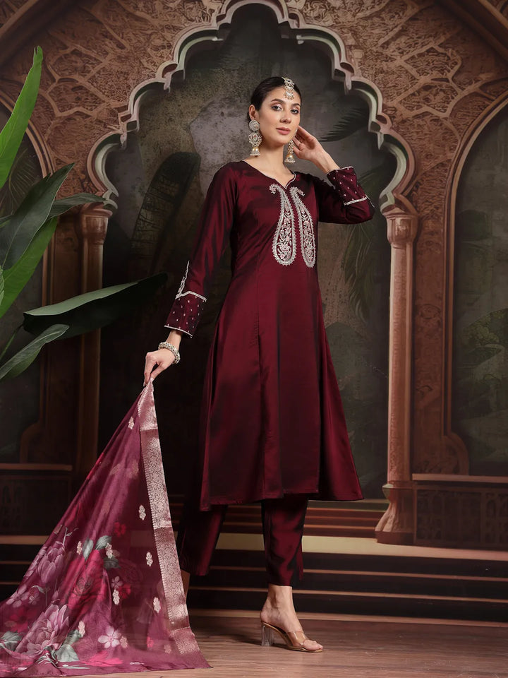 Burgundy Embroidered A-Line Kurta Trouser Dupatta Set-Yufta Store-6680SKDBUGM
