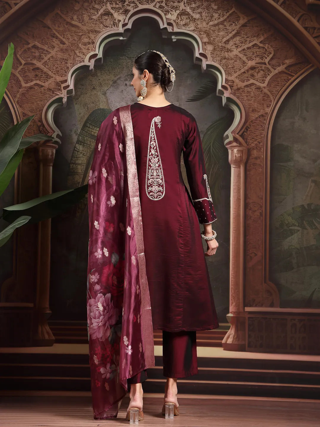 Burgundy Embroidered A-Line Kurta Trouser Dupatta Set-Yufta Store-6680SKDBUGM