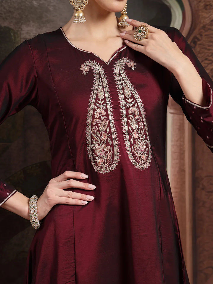 Burgundy Embroidered A-Line Kurta Trouser Dupatta Set-Yufta Store-6680SKDBUGM