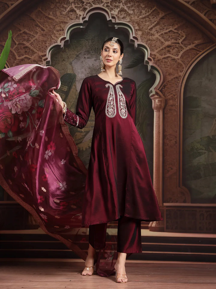 Burgundy Embroidered A-Line Kurta Trouser Dupatta Set-Yufta Store-6680SKDBUGM