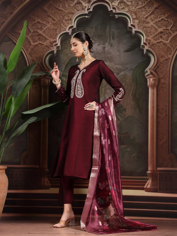 Burgundy Embroidered A-Line Kurta Trouser Dupatta Set-Yufta Store-6680SKDBUGM