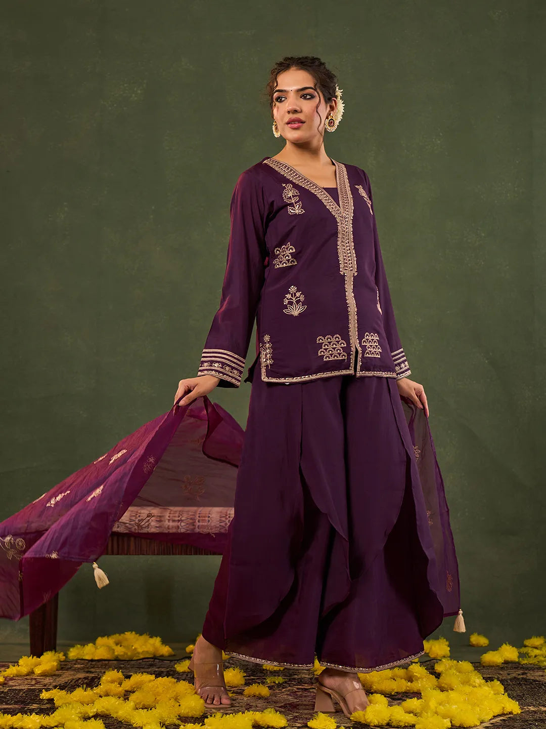 Burgundy Embroidered Straight Silk Blend Long Sleeves Kurti Palazzo Dupatta Set-Yufta Store-6685SKDBUGM