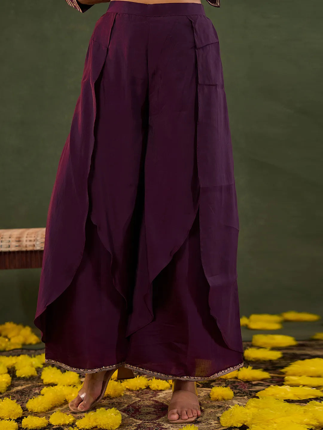 Burgundy Embroidered Straight Silk Blend Long Sleeves Kurti Palazzo Dupatta Set-Yufta Store-6685SKDBUGM