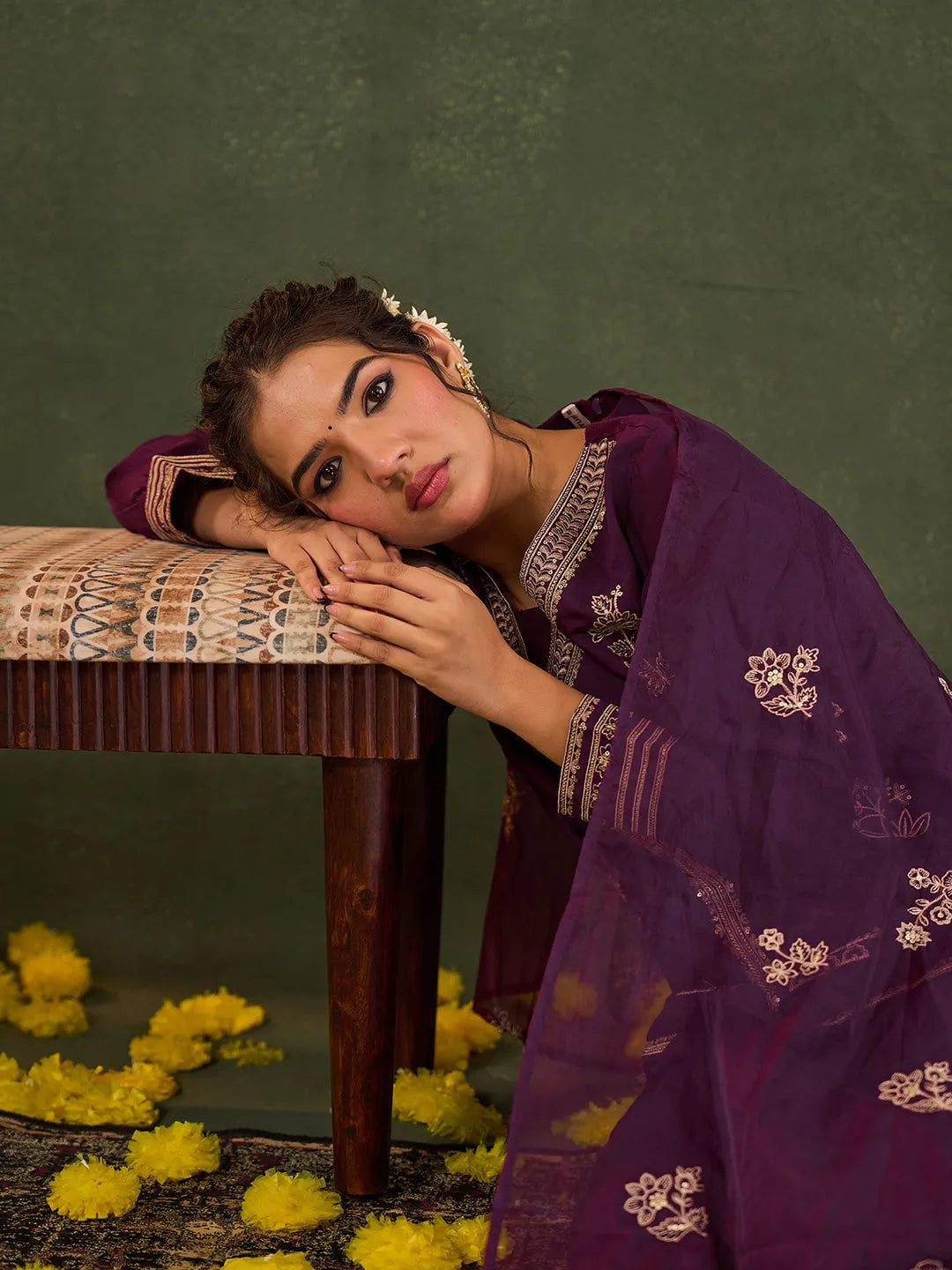 Burgundy Embroidered Straight Silk Blend Long Sleeves Kurti Palazzo Dupatta Set-Yufta Store-6685SKDBUGM