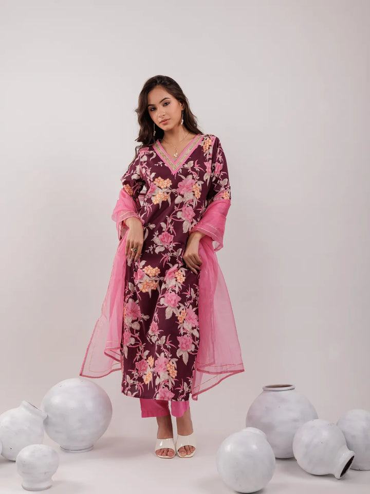 Burgundy Floral Print Cotton Straight Kurta Trouser With Dupatta Set-Yufta Store-6981SKDBUGS