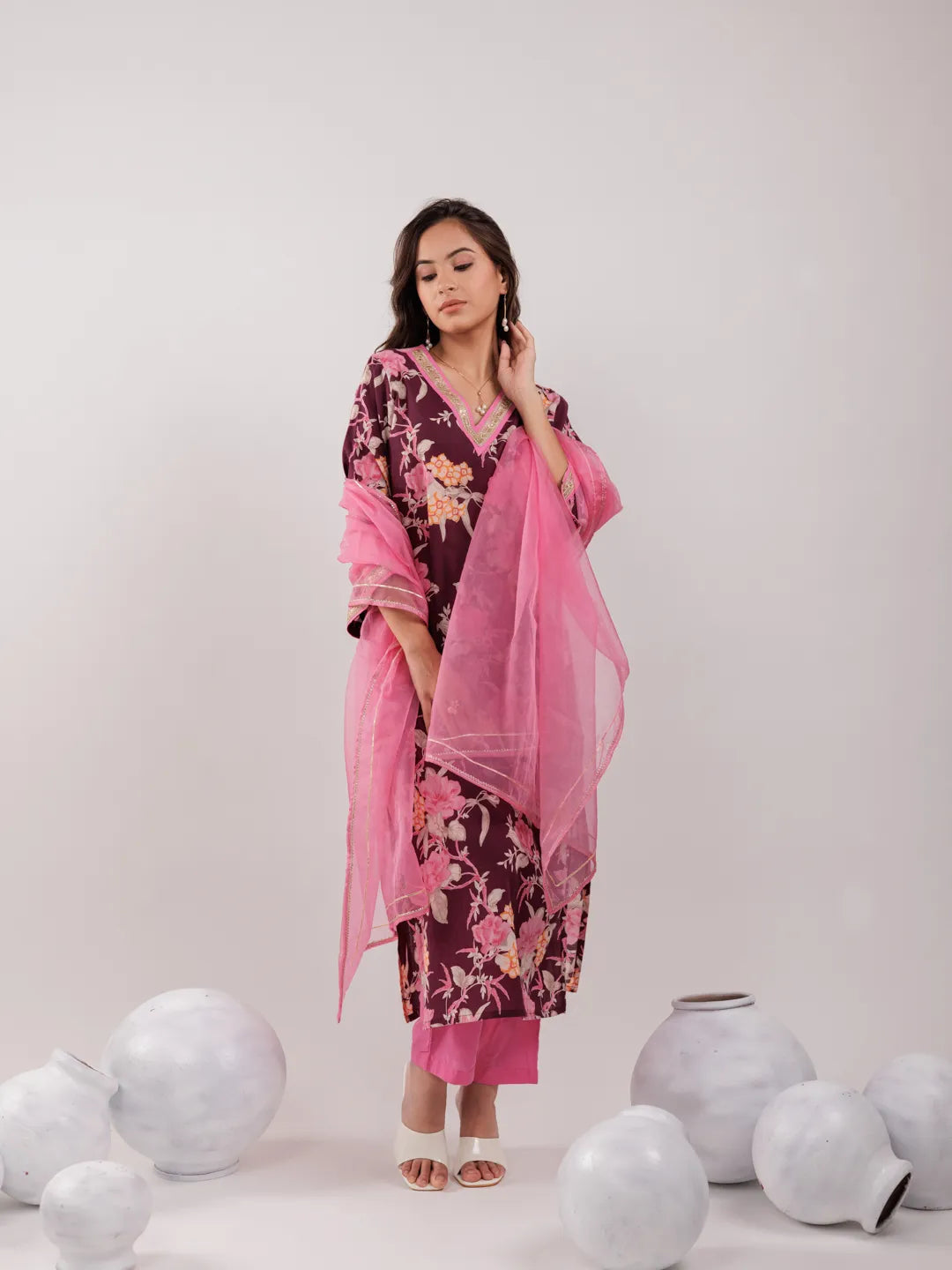 Burgundy Floral Print Cotton Straight Kurta Trouser With Dupatta Set-Yufta Store-6981SKDBUGS