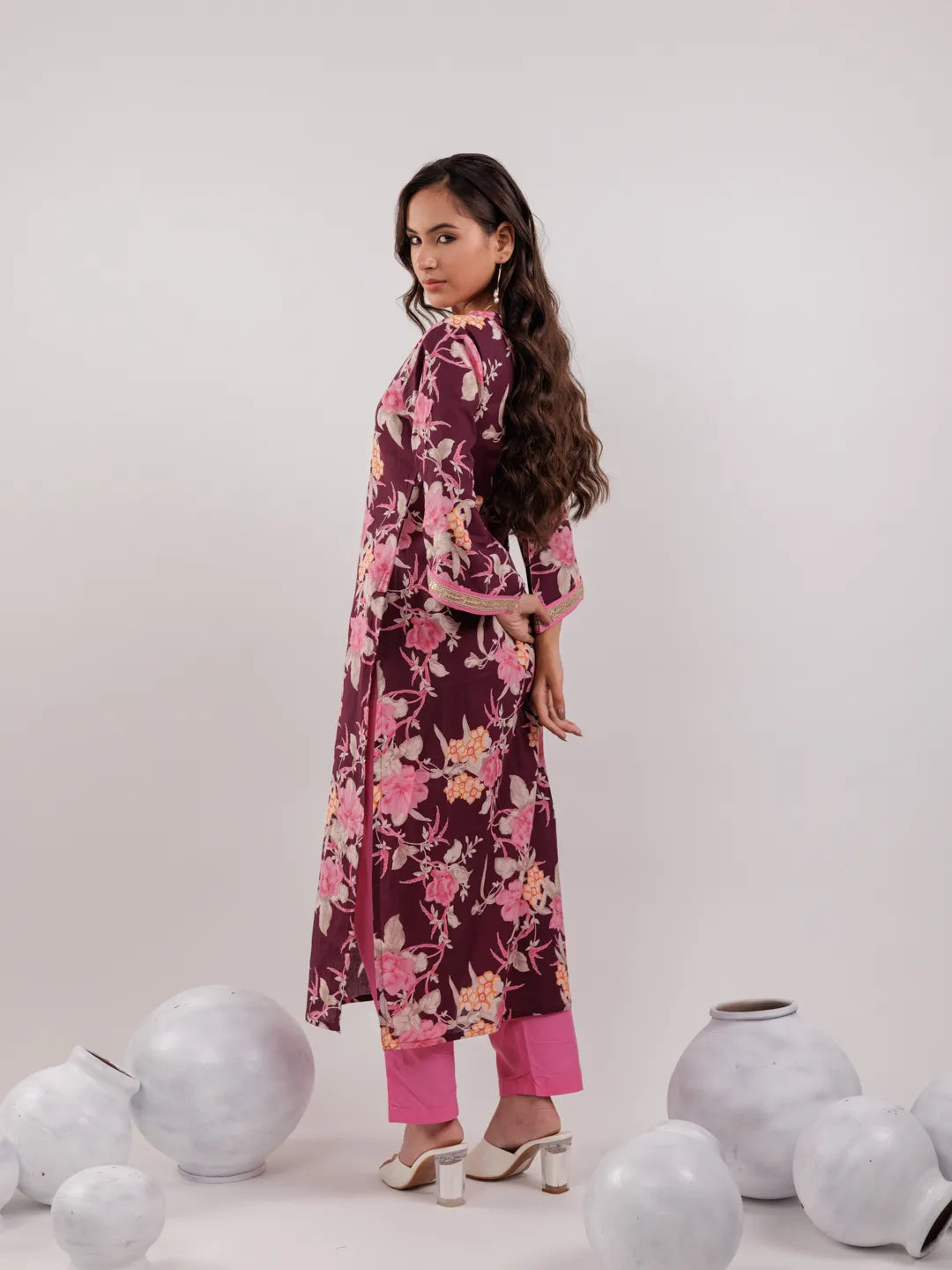 Burgundy Floral Print Cotton Straight Kurta Trouser With Dupatta Set-Yufta Store-6981SKDBUGS