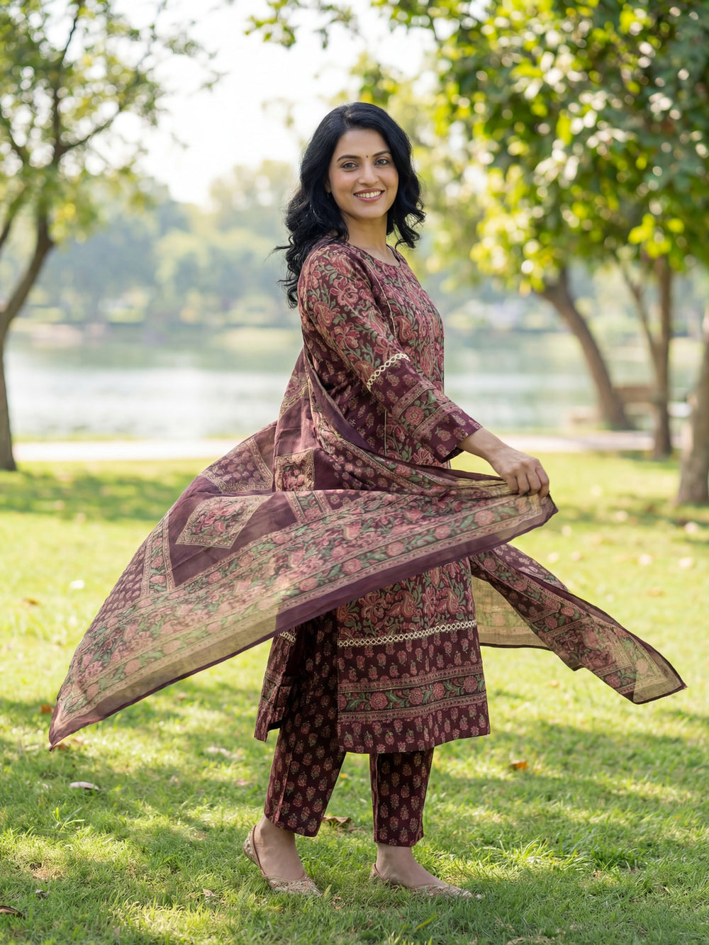 Burgundy Floral Print Straight Lace Work This Kurta Trouser Dupatta Set-Yufta Store-7614SKDBUGM