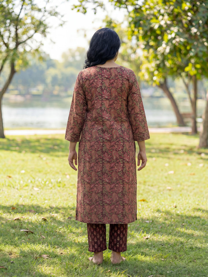 Burgundy Floral Print Straight Lace Work This Kurta Trouser Dupatta Set-Yufta Store-7614SKDBUGM
