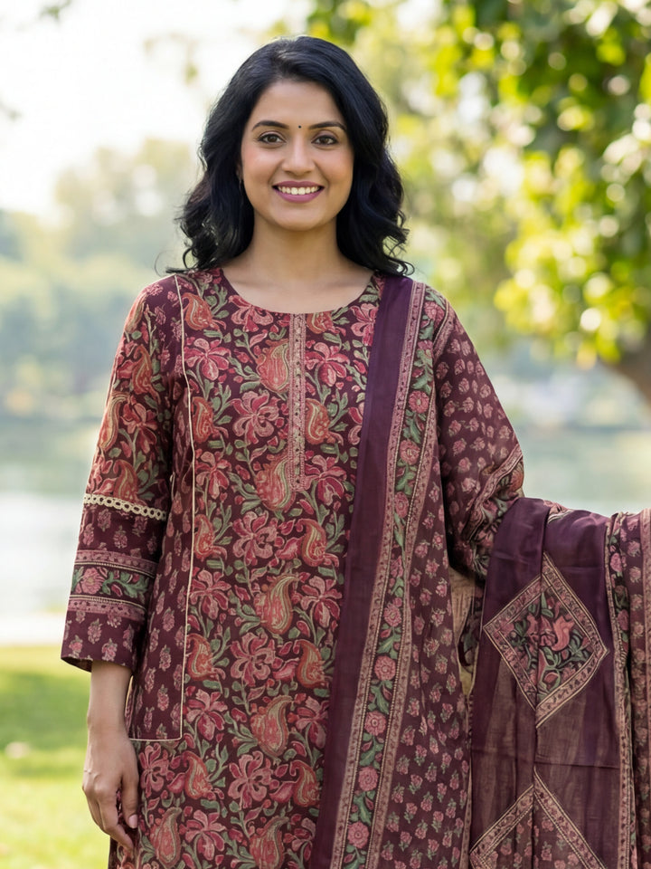 Burgundy Floral Print Straight Lace Work This Kurta Trouser Dupatta Set-Yufta Store-7614SKDBUGM