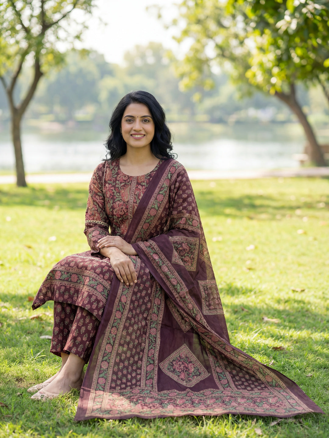 Burgundy Floral Print Straight Lace Work This Kurta Trouser Dupatta Set-Yufta Store-7614SKDBUGM