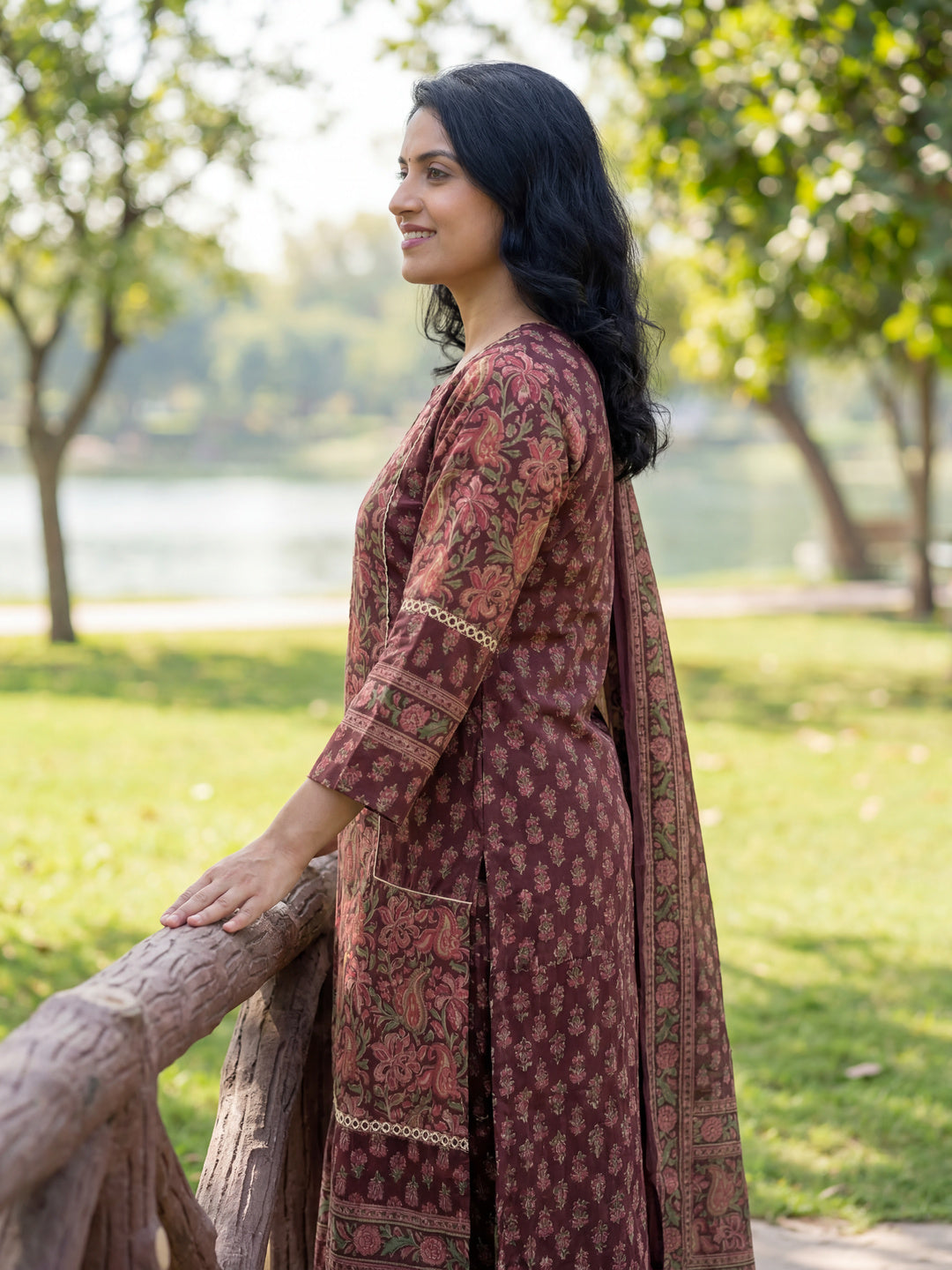 Burgundy Floral Print Straight Lace Work This Kurta Trouser Dupatta Set-Yufta Store-7614SKDBUGM