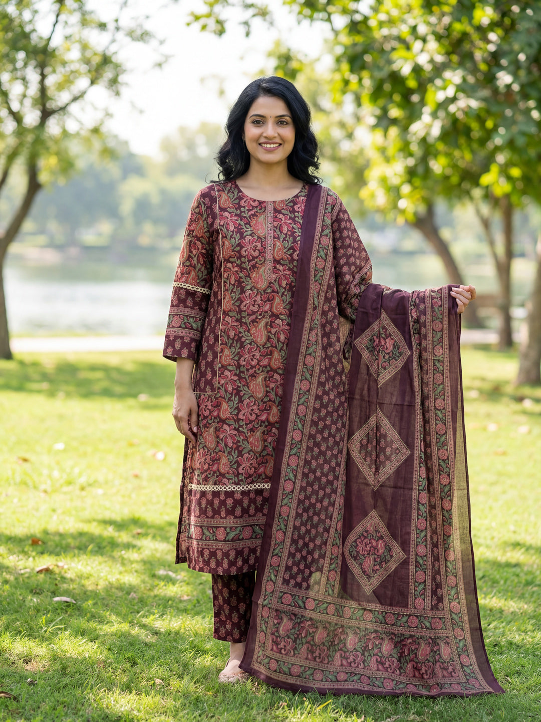 Burgundy Floral Print Straight Lace Work This Kurta Trouser Dupatta Set-Yufta Store-7614SKDBUGM