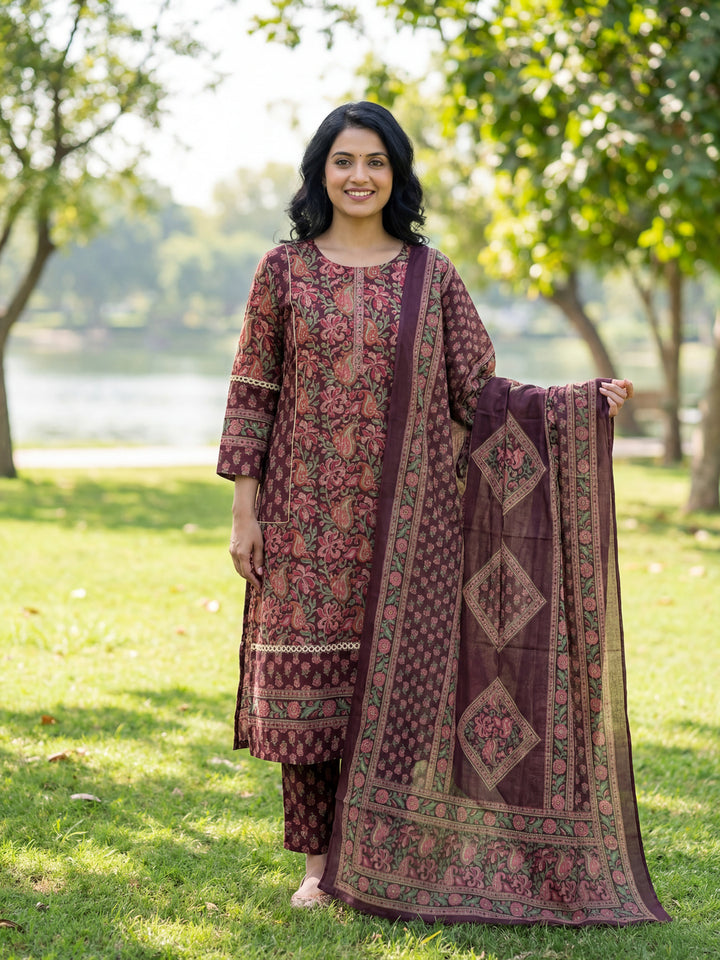 Burgundy Floral Print Straight Lace Work This Kurta Trouser Dupatta Set-Yufta Store-7614SKDBUGM