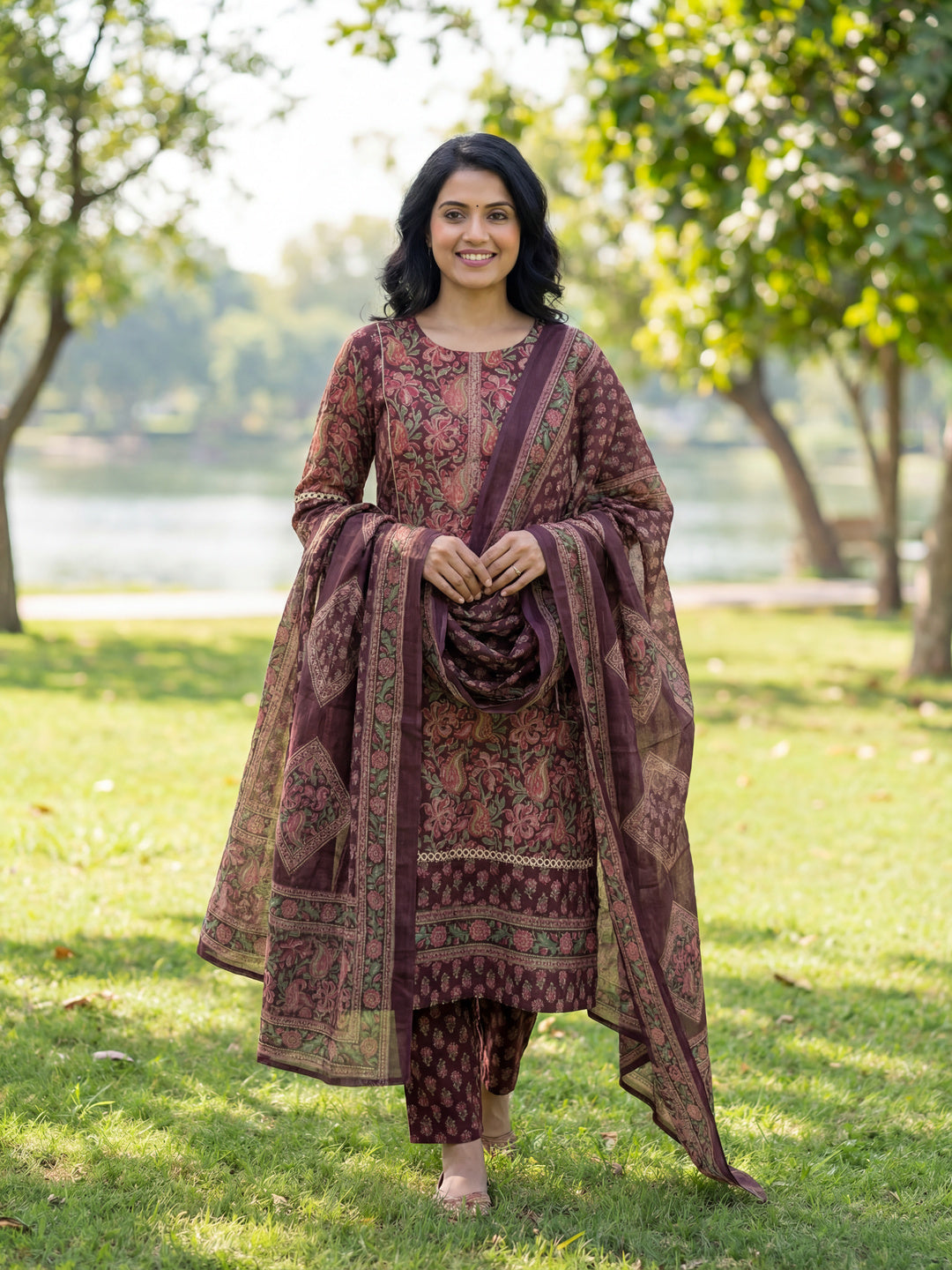 Burgundy Floral Print Straight Lace Work This Kurta Trouser Dupatta Set-Yufta Store-7614SKDBUGM
