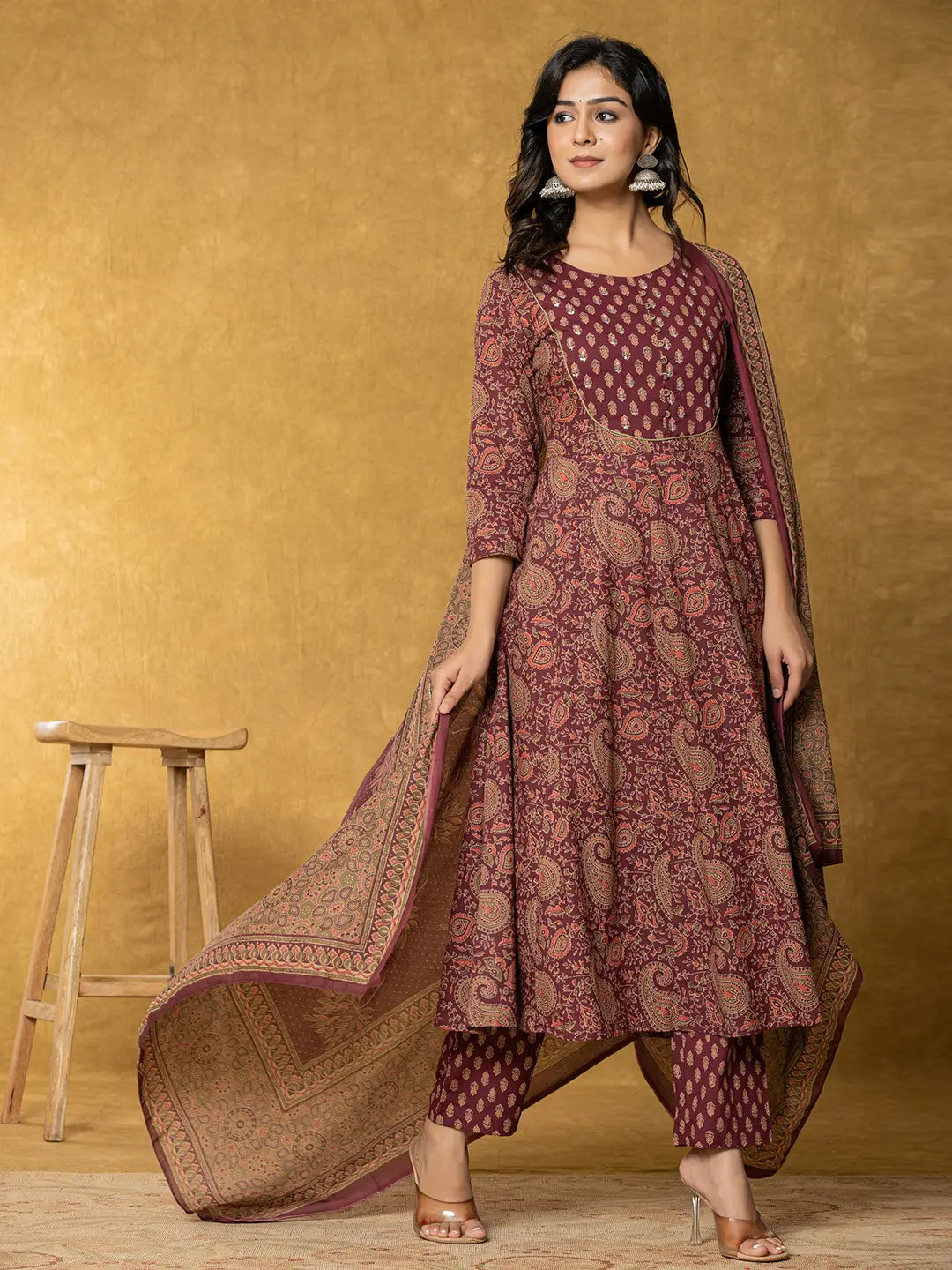 Burgundy Sequins_Work Cotton Anarkali Kurta Dupatta Set-Yufta Store-1932SKDBUGS