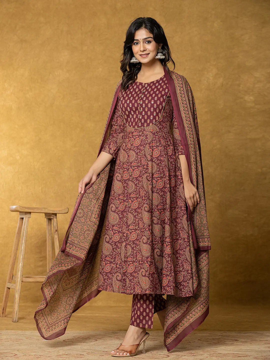 Burgundy Sequins_Work Cotton Anarkali Kurta Dupatta Set-Yufta Store-1932SKDBUGS