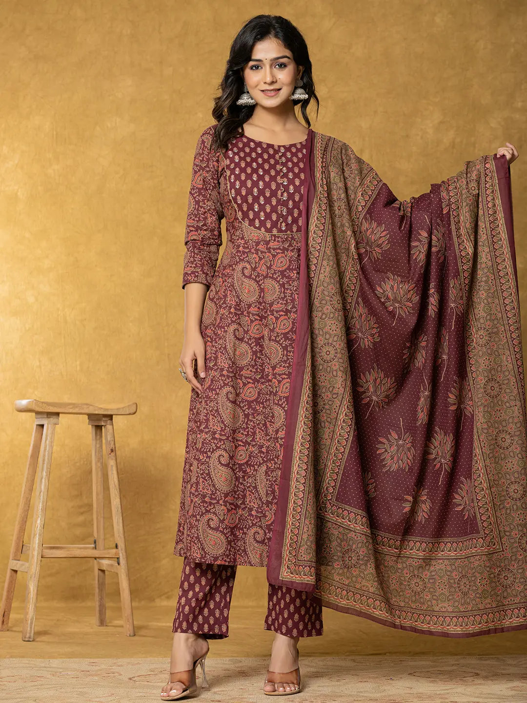 Burgundy Sequins_Work Cotton Anarkali Kurta Dupatta Set-Yufta Store-1932SKDBUGS