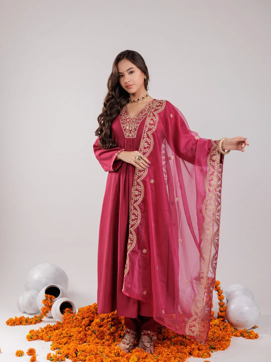 Hot Pink Silk Embroidered Kurta Dupatta Set-Yufta Store-7175SKDHPS