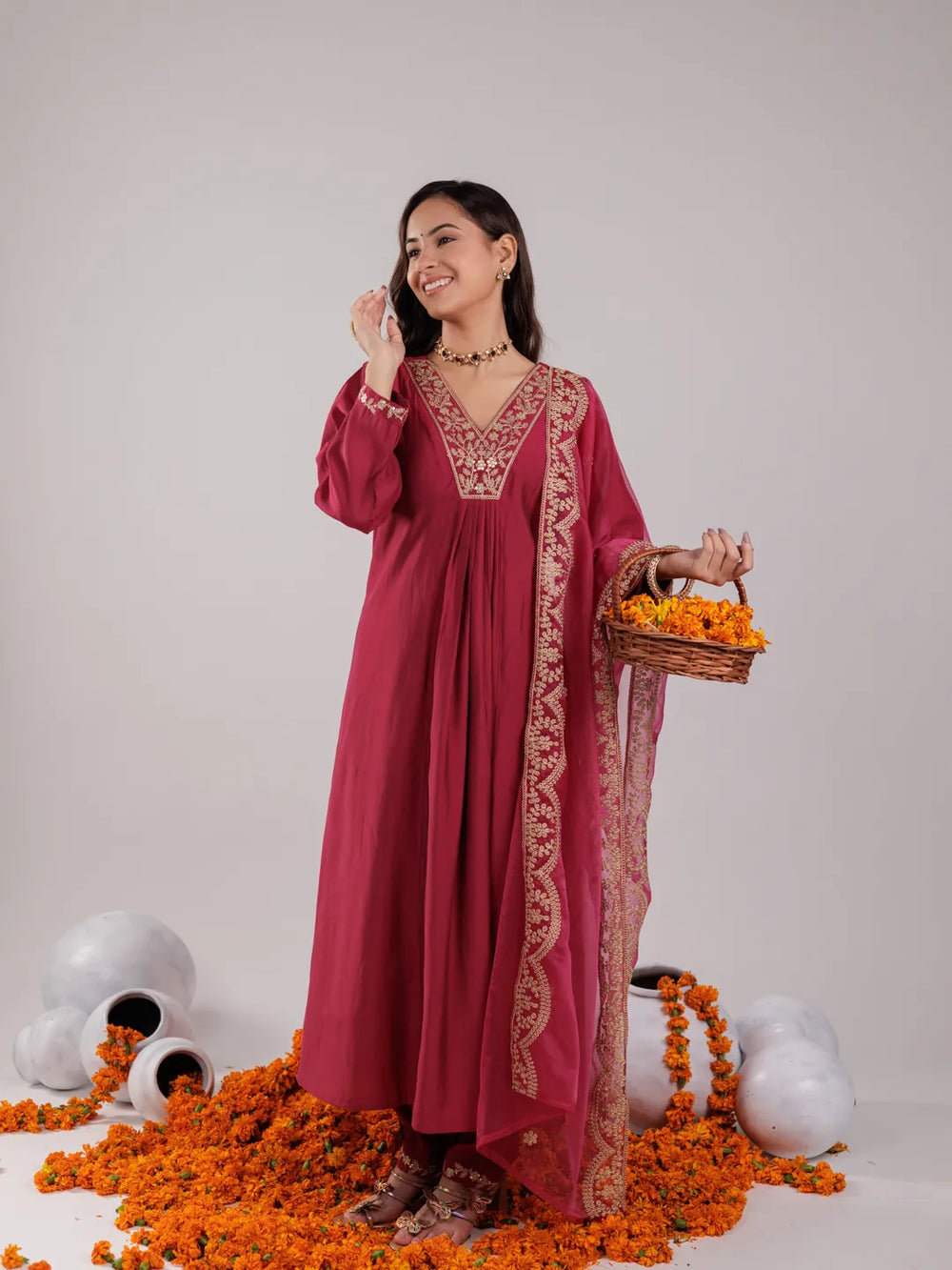 Hot Pink Silk Embroidered Kurta Dupatta Set-Yufta Store-7175SKDHPS