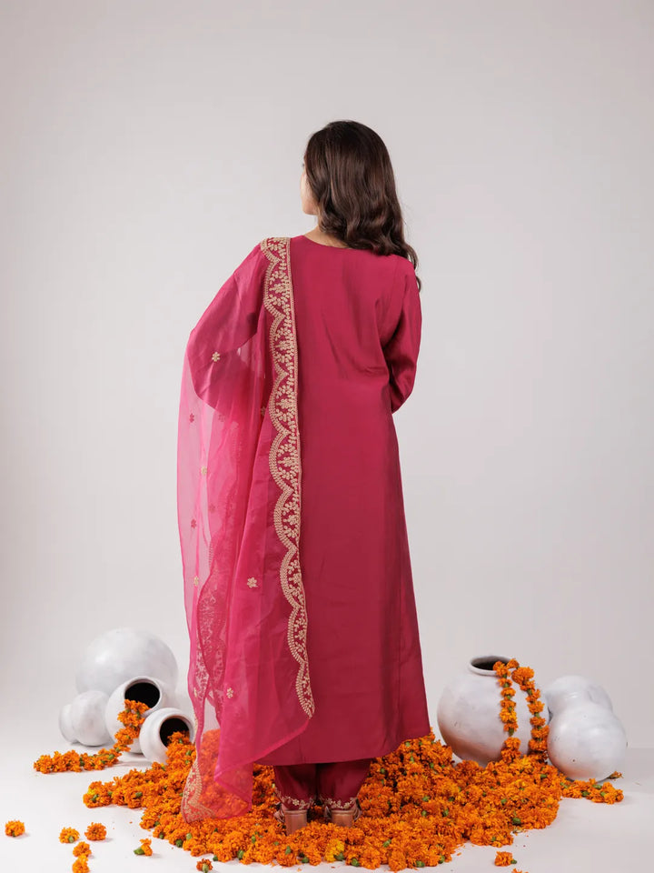 Hot Pink Silk Embroidered Kurta Dupatta Set-Yufta Store-7175SKDHPS