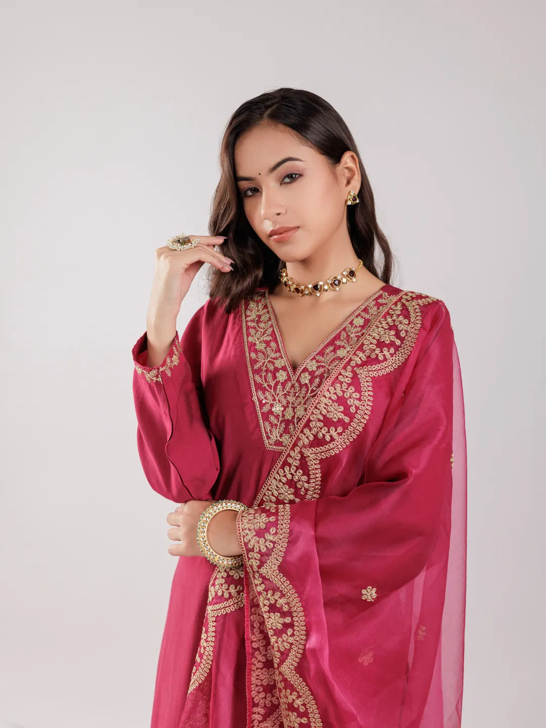 Hot Pink Silk Embroidered Kurta Dupatta Set-Yufta Store-7175SKDHPS