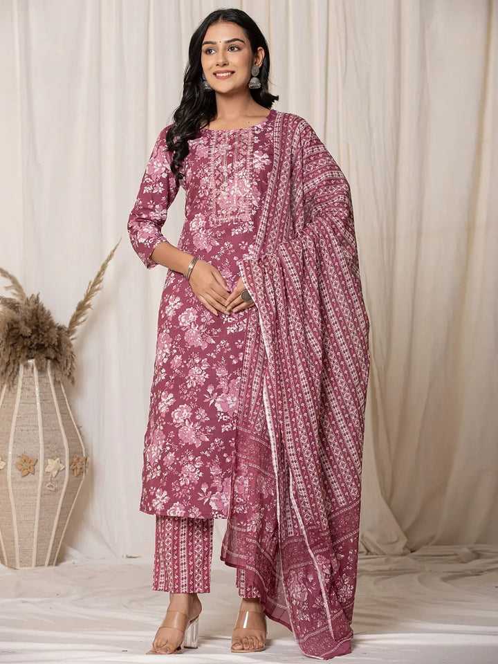 Burgundy Thread_Work Cotton Straight Kurta Trouser & Dupatta Set-Yufta Store-6044SKDBUGS