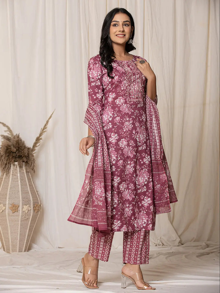 Burgundy Thread_Work Cotton Straight Kurta Trouser & Dupatta Set-Yufta Store-6044SKDBUGS