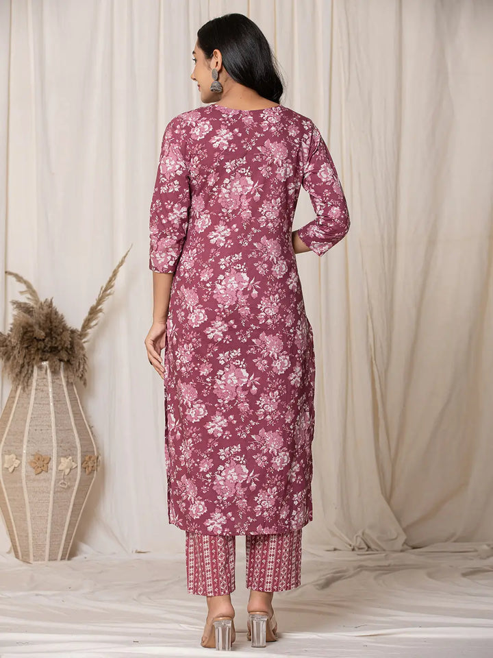 Burgundy Thread_Work Cotton Straight Kurta Trouser & Dupatta Set-Yufta Store-6044SKDBUGS