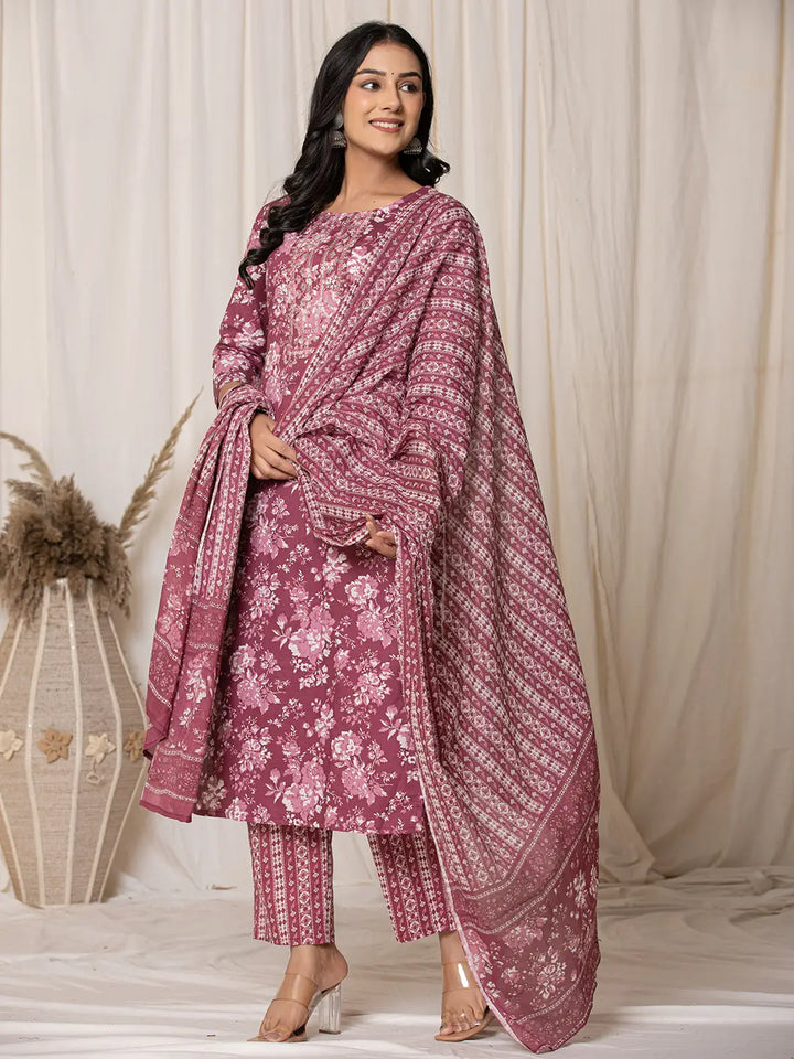 Burgundy Thread_Work Cotton Straight Kurta Trouser & Dupatta Set-Yufta Store-6044SKDBUGS