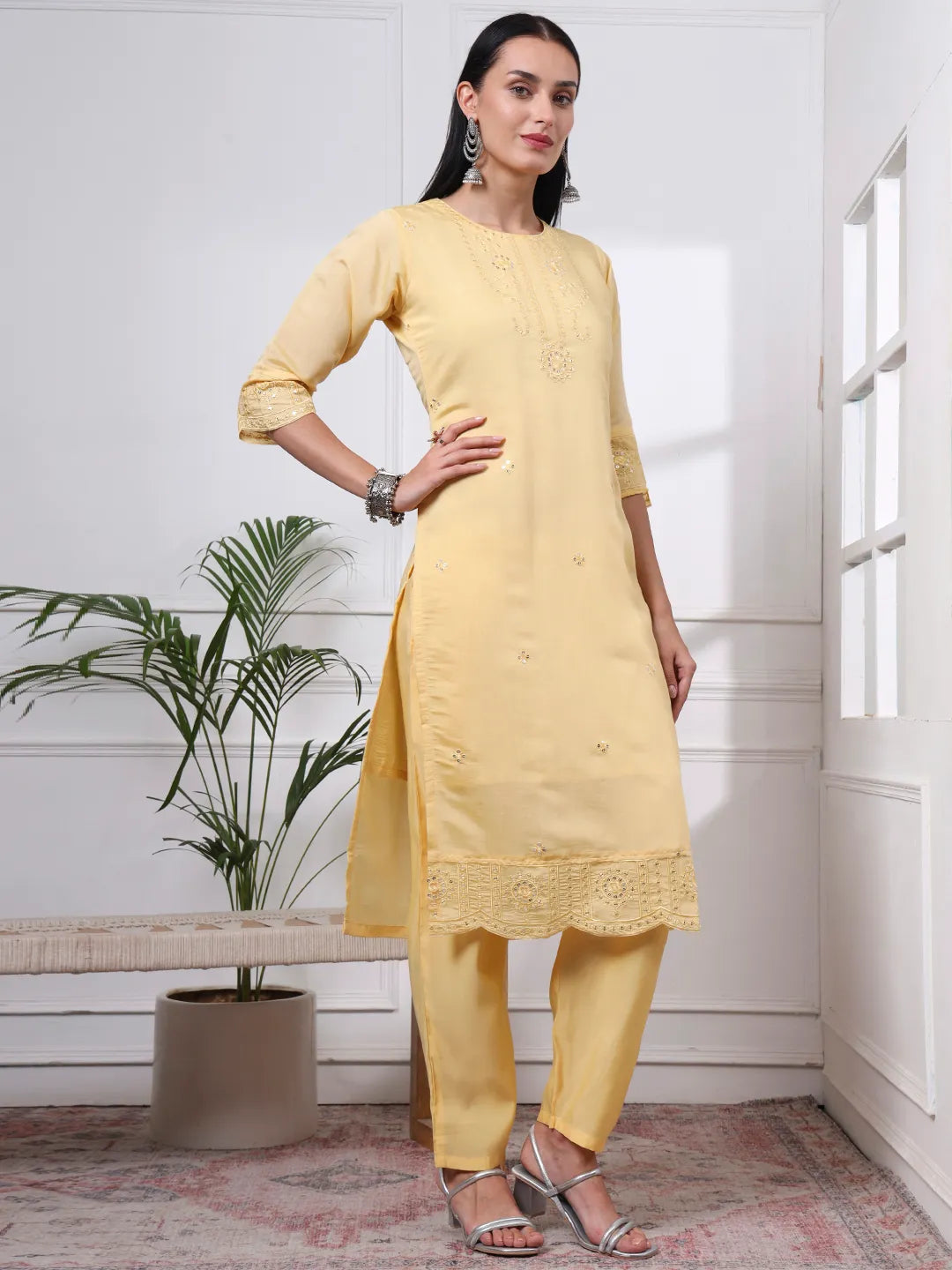 Butter Yellow Slik Blend Straight Kurta Dupatta Pant Set Cotton Lining Kurta