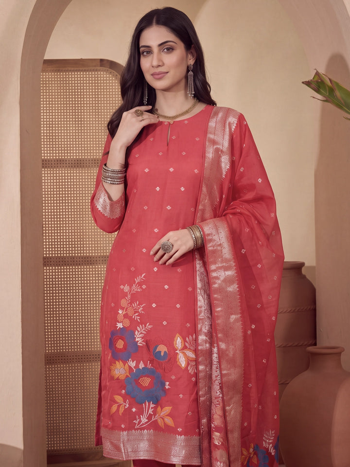 Red Chanderi Silk Floral Goldan Print Straight Kurta Trouser Dupatta Set