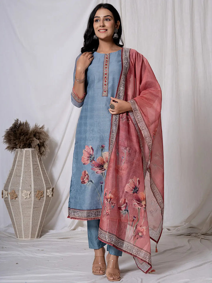 Chanderi Blue Kurta Dupatta Set-Yufta Store-7062SKDBLS